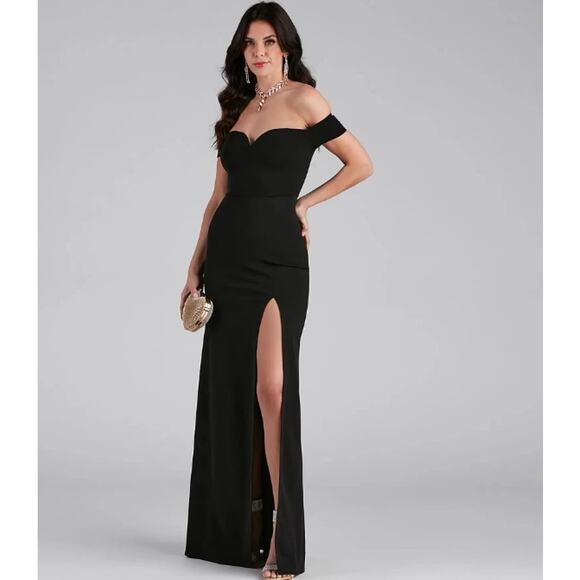 WINDSOR Women's Myra Formal High Slit Dress Size 15/16 Black Off The Shoulder - Picture 2 of 13